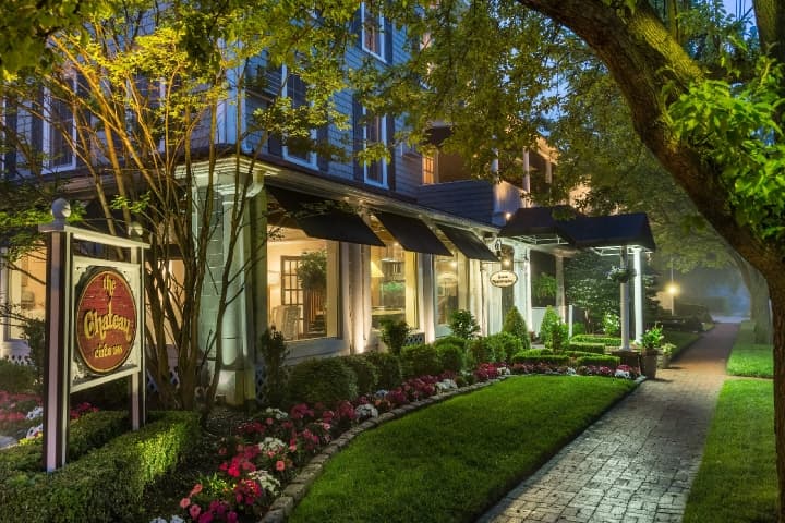 Evening exterior shot of front of building
