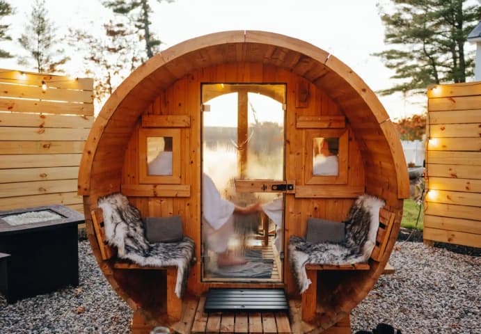 A couple enjoying the sauna oasis