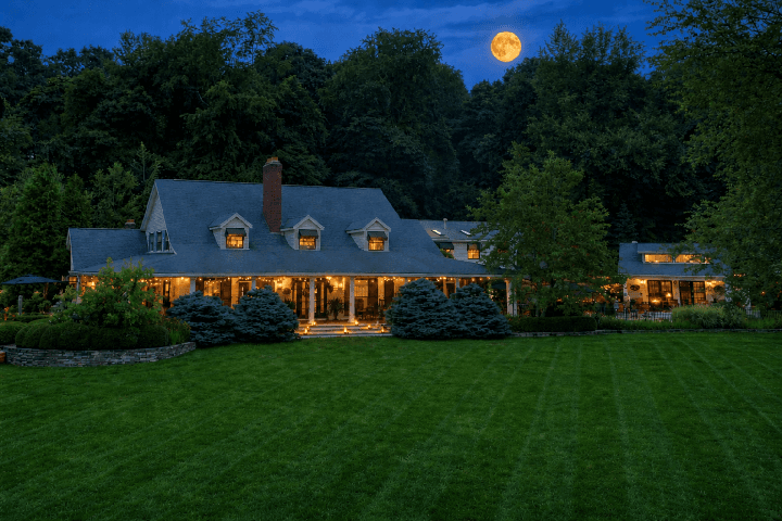 Beautiful Harvest Moon Over The Welsh Hilld Inn at Dusk