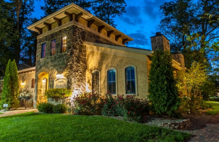 Exterior of Gervasi structure. Brick with lawn